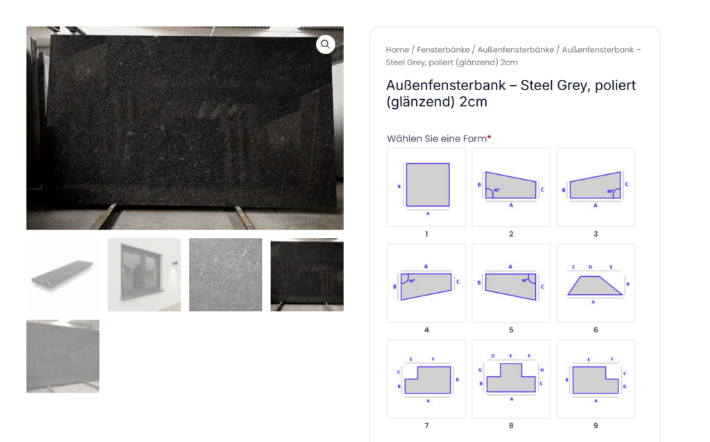 Naturstein Konfigurator Fensterbank Stufe Mauerabdeckung